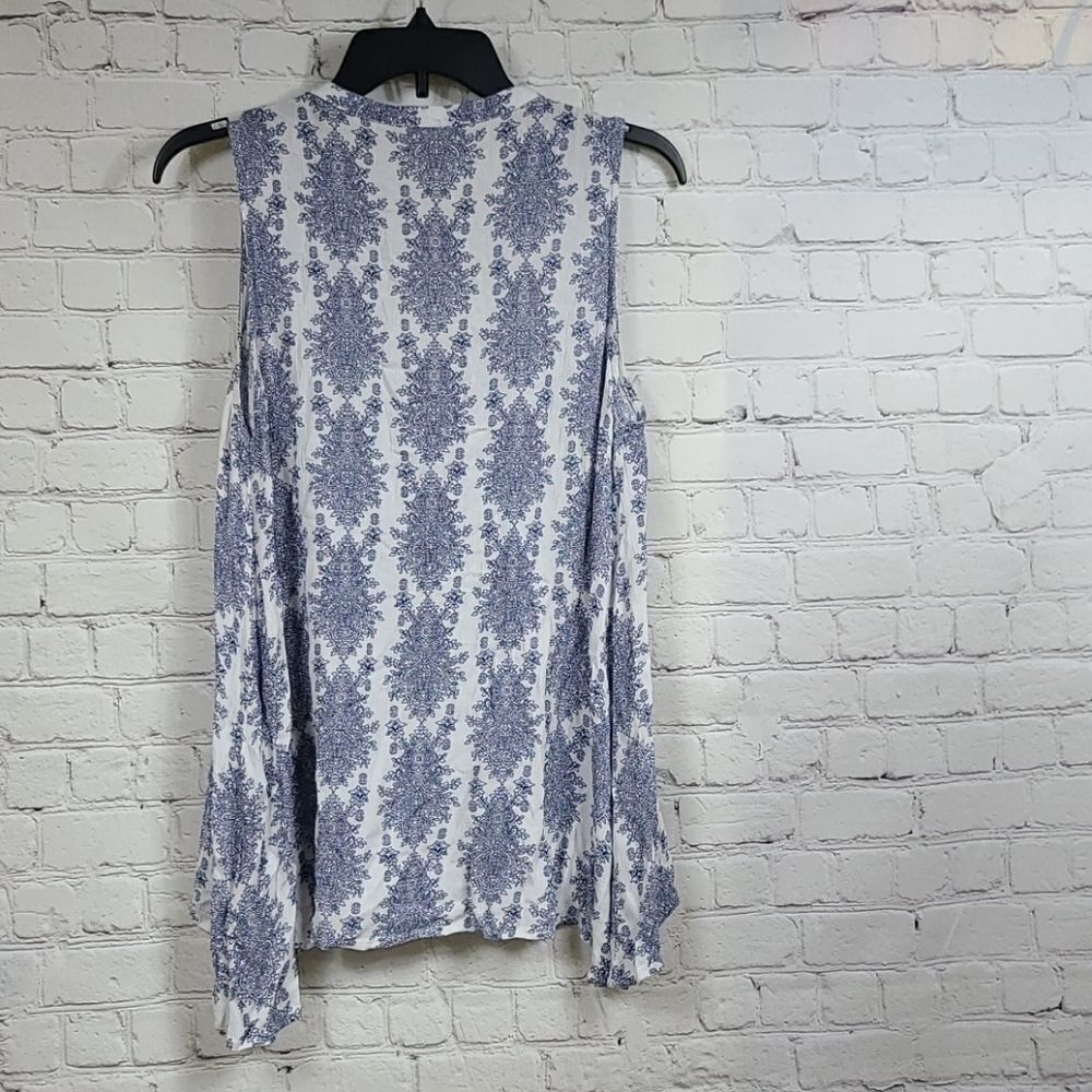 Entro Blue White Baroque Tunic Tank Choker Keyhole Hi Low Boho Blouse Medium UO - Picture 8 of 10